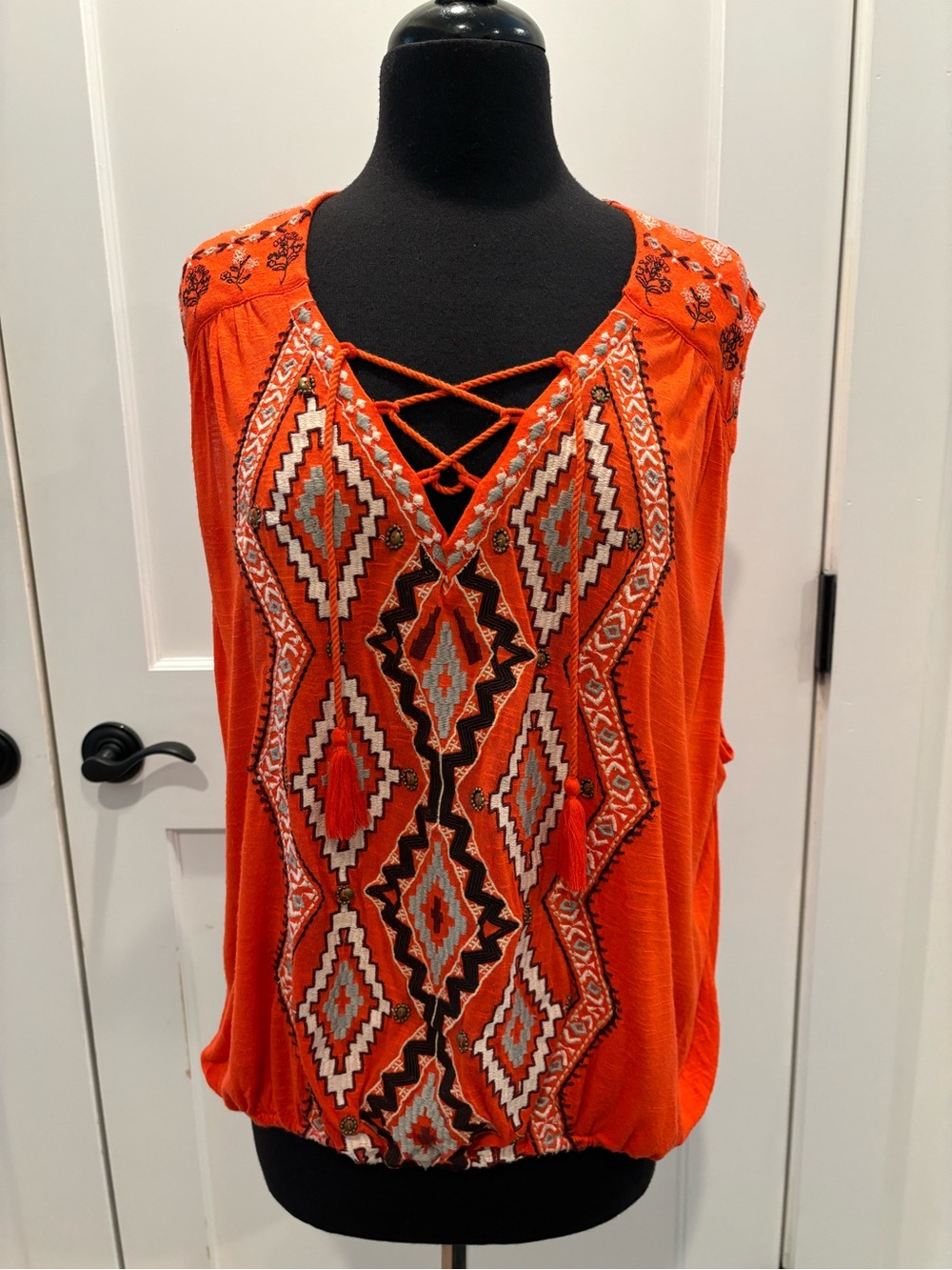 Free People Embroidered Bohemian Tassel Sleeveless Top Open Back Orange Women M